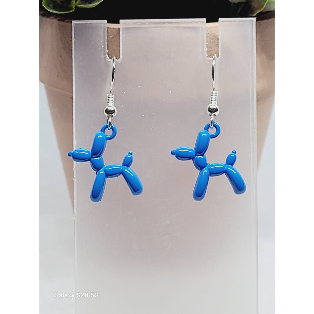 Handmade Blue Balloon Dog Drop Earrings Whimsical Resin Dangle Jewelry